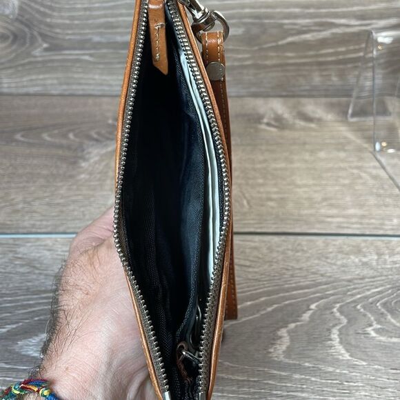 Dooney & Bourke Tan Canvas Brown Leather Trim “DB” Monogram Wristlet & Hardware - Picture 3 of 8